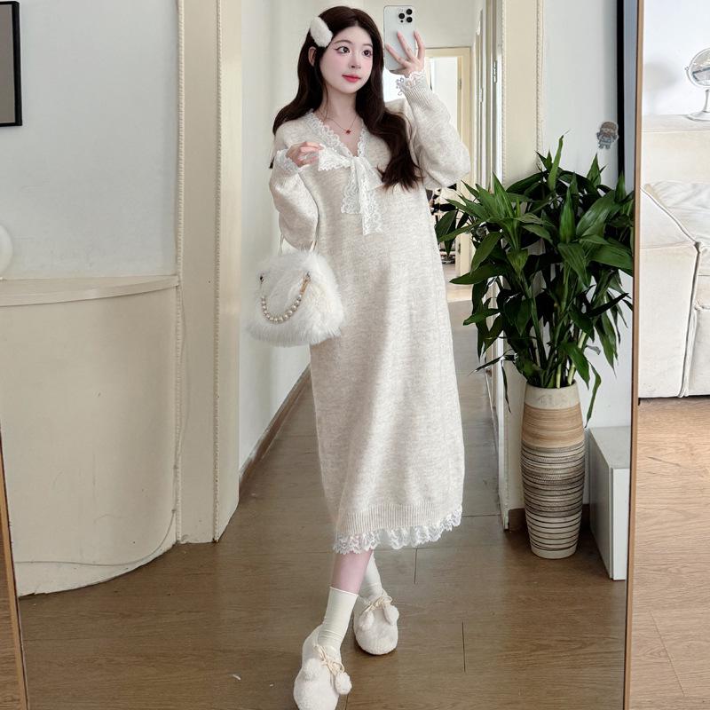 New Autumn/Winter Maternity Lace Bowknot Knit Dress L абрикосовый