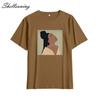 Shellsuning Summer Vintage Printed Cotton T Shirt Women Loose Short Sleeve Trend Tees Female Casual Streetwear All-match Basic Tops