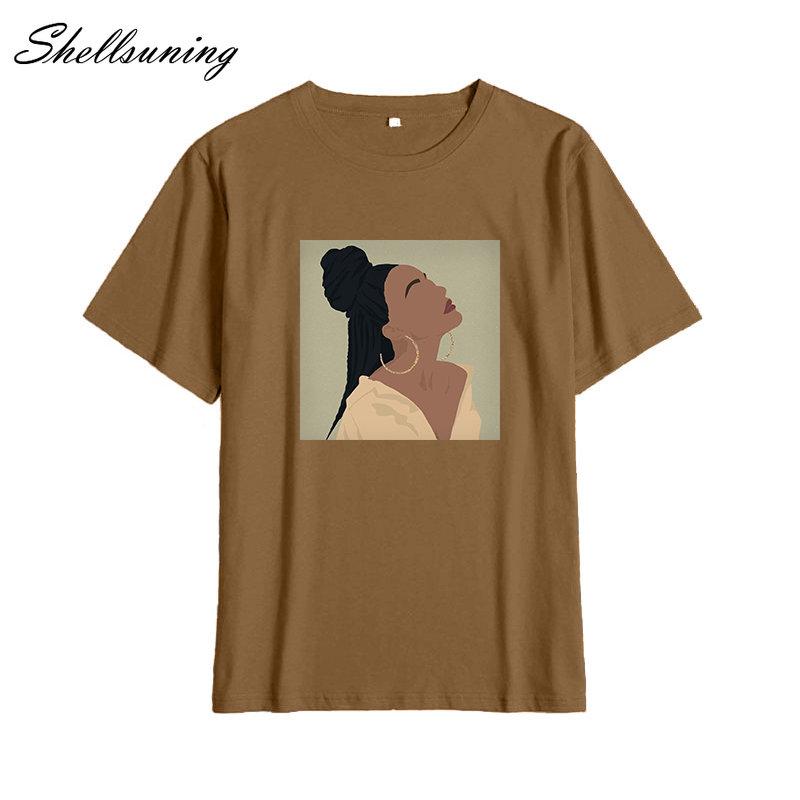 Shellsuning Summer Vintage Printed Cotton T Shirt Women Loose Short Sleeve Trend Tees Female Casual Streetwear All-match Basic Tops