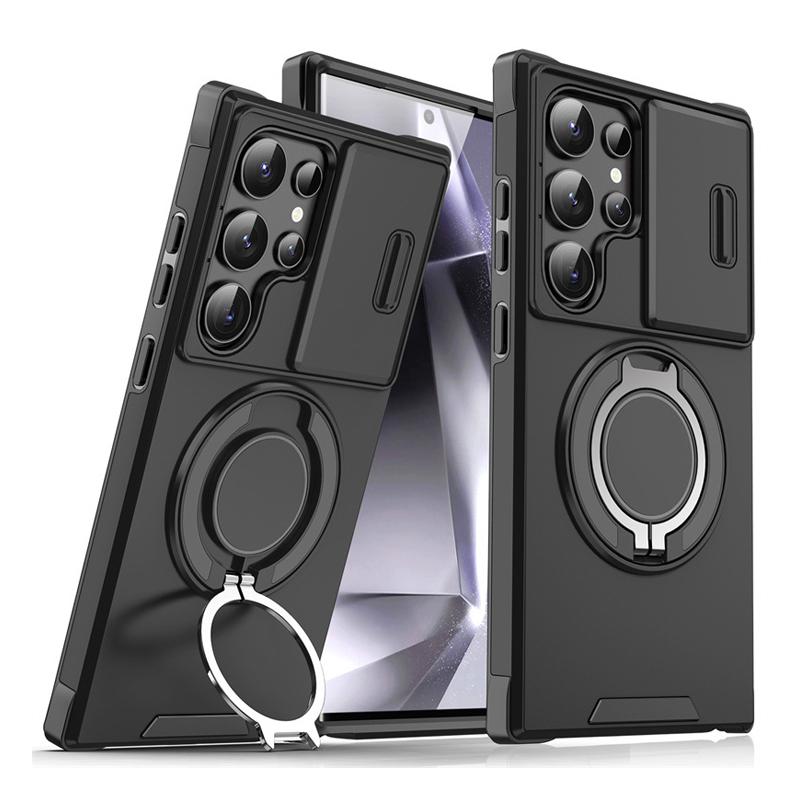 Ring Folding Magnetic Holder Dual Layer Phone Case For Samsung Galaxy S25 Edge S24 S23 Ultra FE Plus S22 S21 Slide Camera Cover
