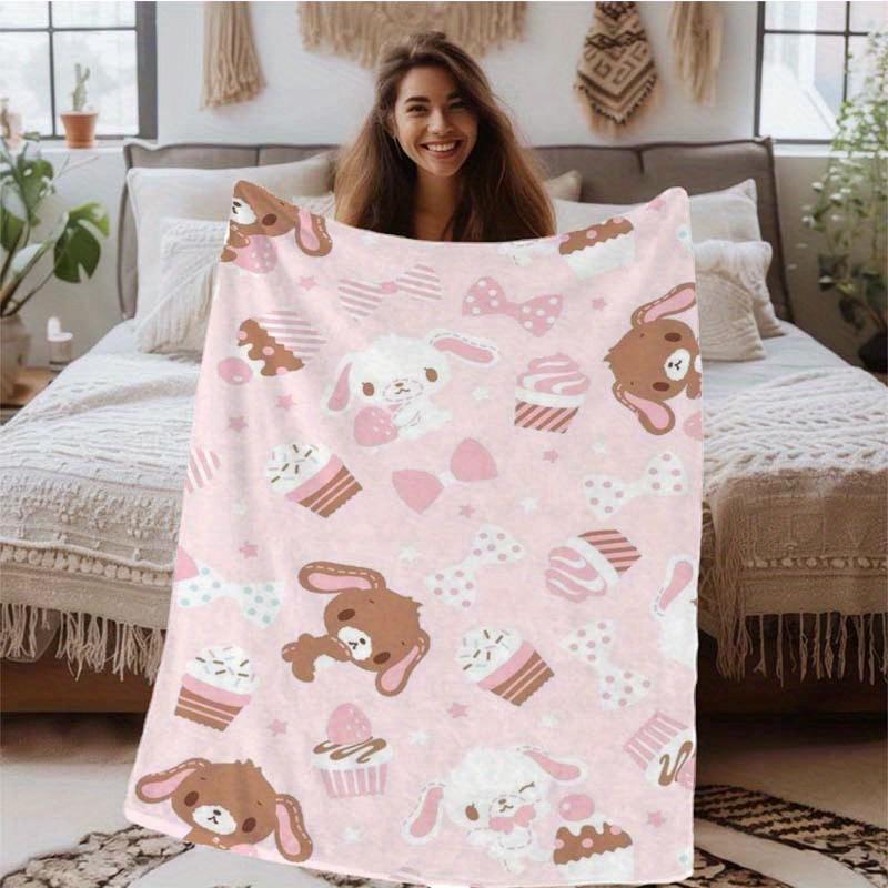1 Sweet Bunny Cupcake Flannel Blanket 2D Single Print Cute Soft Decorative Blanket Home Living Room Bedroom Dorm Pink Vibe Decor