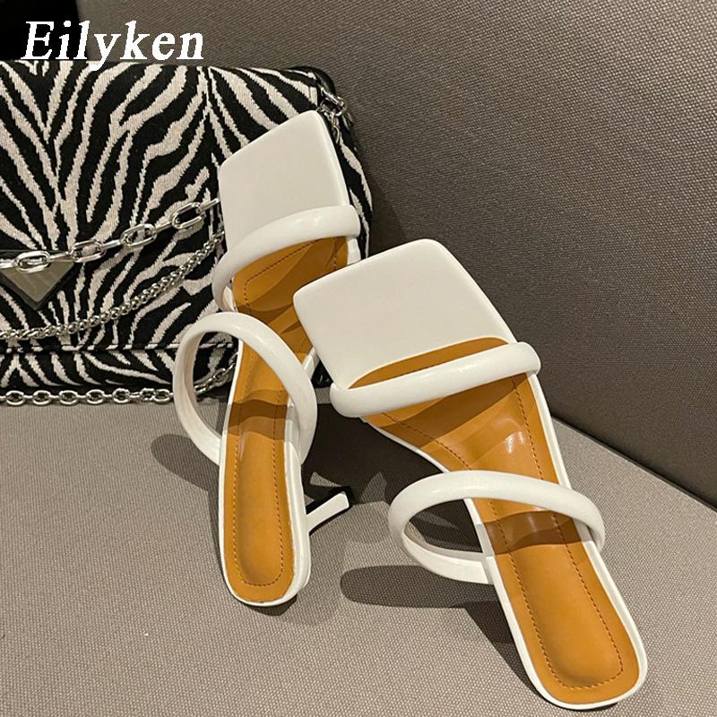 Fashion Eilyken Summer Yellow Thin Heels Slippers Sandals Women Square Toe Mules Beach Slides Leisure Shoes