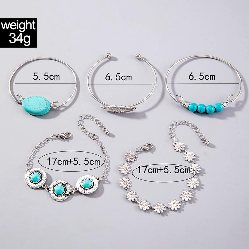 Boho Bransoletka z Turkusowymi Liśćmi dla Kobiecej Biżuterii, Etniczny Zestaw Bransoletek z Kwiatami