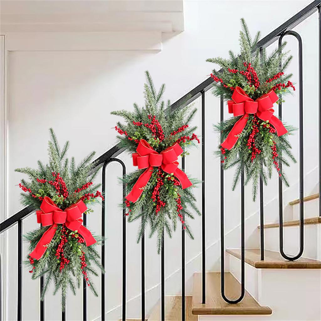 Christmas Stair Wreath with Pinecones Bowknot Hanging Stairs Garlands for Front Door Decoration Winter Wreath Party Gift