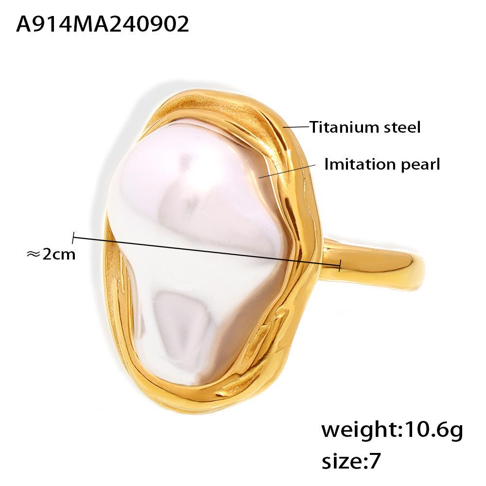 Irregular Faux Pearl Luxury Ring, Titanium Steel, Colorfast Fashion Jewelry Size 7