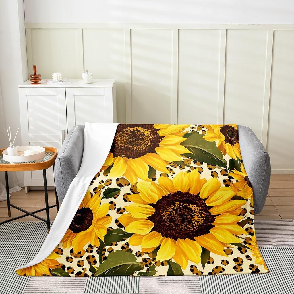 Feelyou Sunflower All Season Bed Blanket Queen x Blossom Flower Flannel Fleece Throw Blanket for Sofa Couch Nature Theme Black F