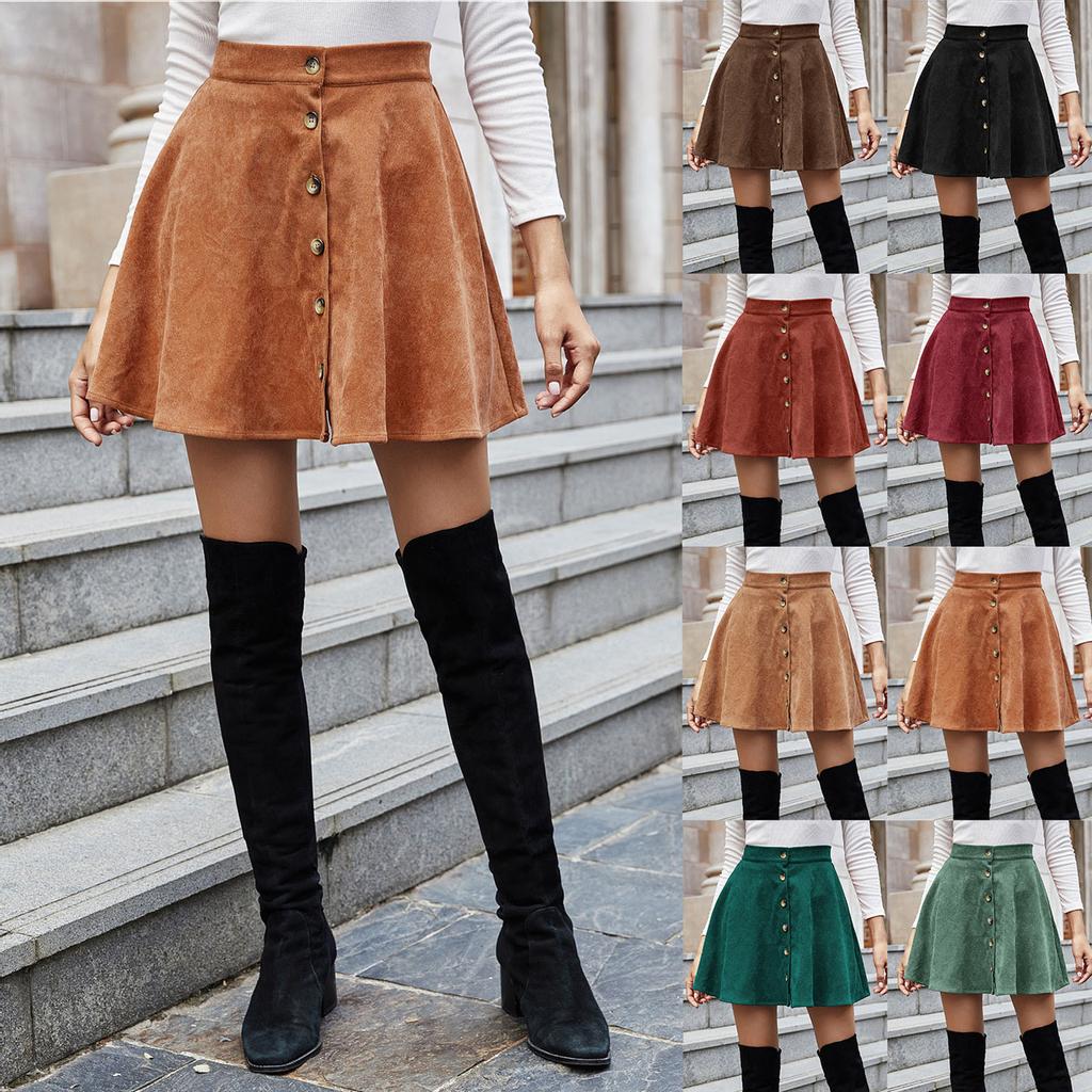 Women Lady Solid Color High Waist Corduroy A-line Skirt Skirt