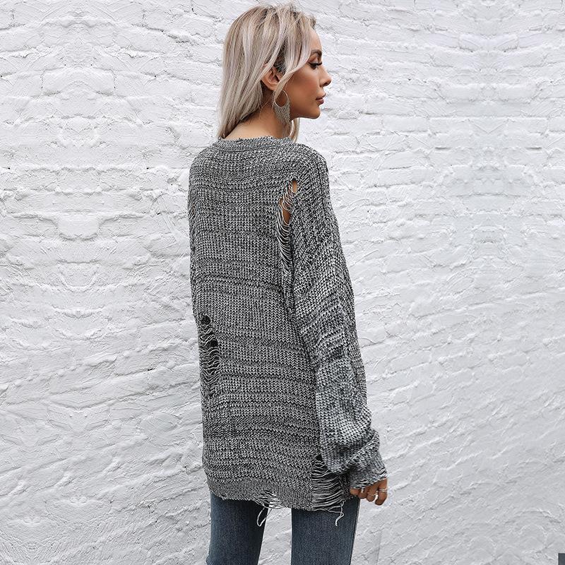 Vintage Fashion Elegant Casual Autumn Ins Wind Broken Hole Solid Color Round Neck Mori Sweater Knit Sweater Women