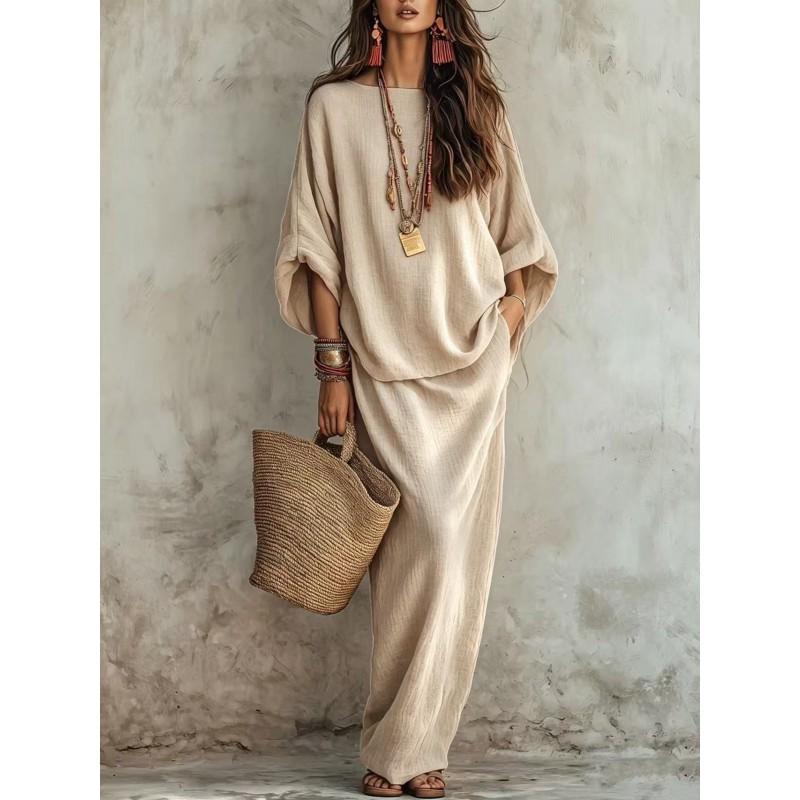 2026 Womens Loose Fit Solid Color Two-Piece Set T-Shirt Midi Skirt Casual Outfit