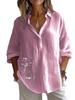 Plus Size Women Lapel Neck Cotton Linen 3/4 Sleeve Shirt Spring&Autumn Casual Floral Print Blouses