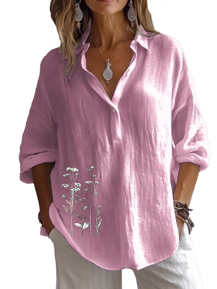 Plus Size Women Lapel Neck Cotton Linen 3/4 Sleeve Shirt Spring&Autumn Casual Floral Print Blouses