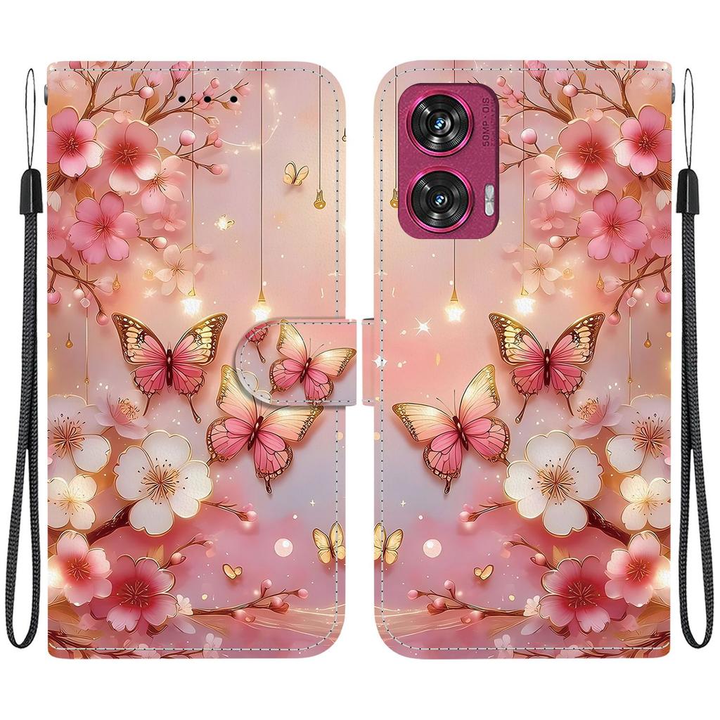 Håndlaget PU-lær flip-deksel for Motorola Edge 50 Fusion Sklisikkert Støtsikkert Deksel med Håndleddsstropp og Hjerte/Rose Kattdesign