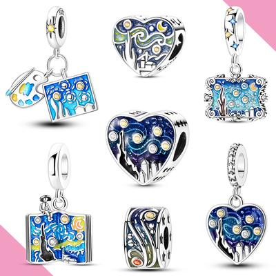 Van Gogh'S Starry Night Charms Copper Blue Beads Fit Original Bracelet Diy For Woman Jewelry