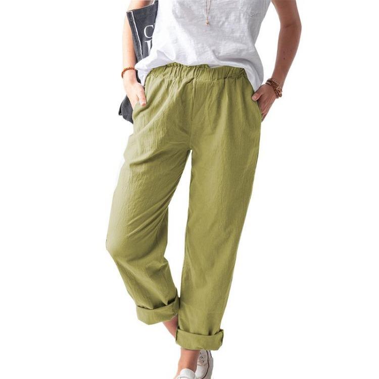 Summer Women Solid Color Casual Elastic High Waist Straight Pants