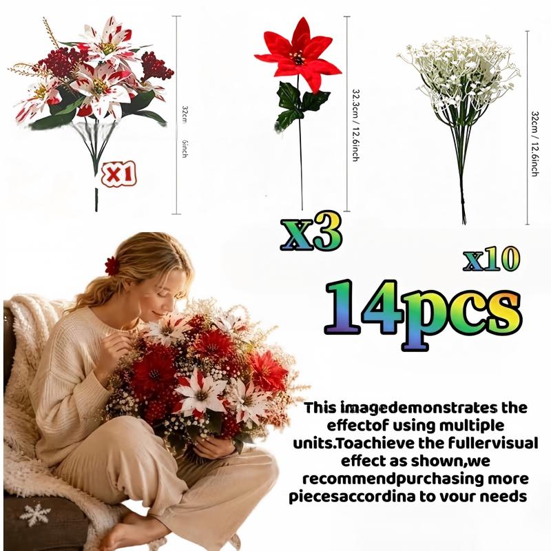 14/22PC Set Christmas Poinsettia Flower Bouquet Red White Berry Poinsettia for Fireplaces Stair Railings Christmas Dining Table