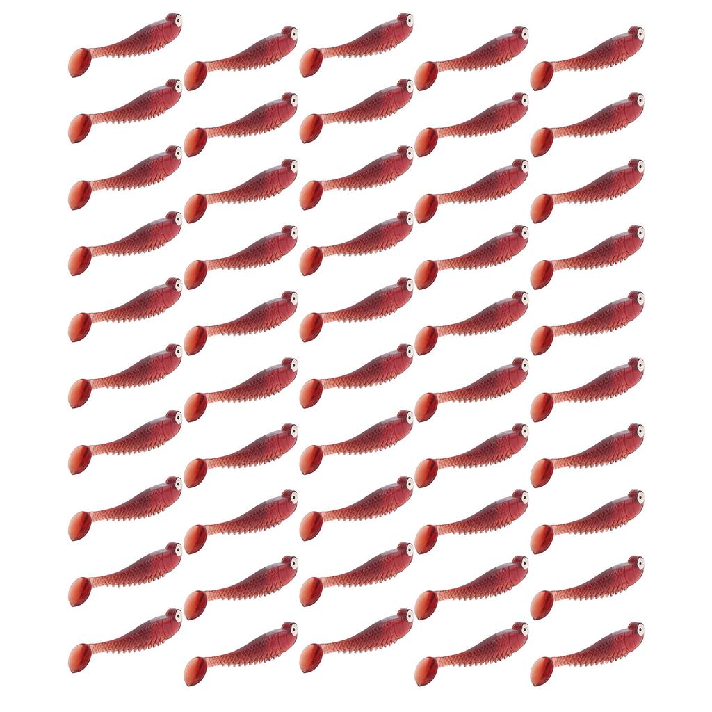 50PcsBag Artificial Fishing Lures Soft Silicone Baits Lifelike Paddle Tail SwimbaitWine Red Color