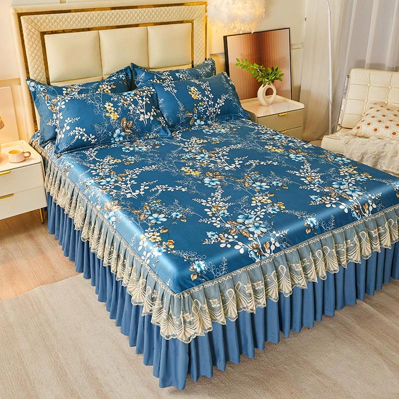 3Pcs Summer Bed Skirt Style Bedspread Lace European Style Three Piece Set Skirt Style Bed Cover Mattress Dust Protection Cover