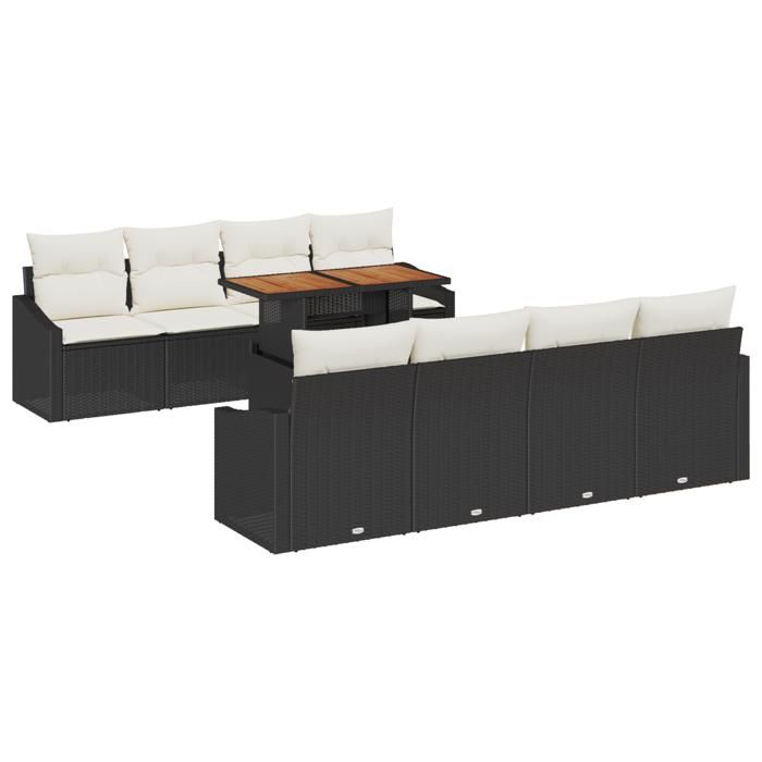 VidaXL Ensemble de repas de jardin 9 pièces avec coussins en poly rotin noir et acacia 3349809