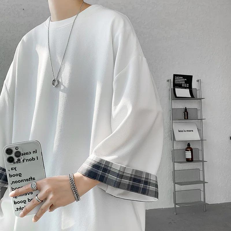 Men T Shirts Summer Men's Women Oversized Korean Style Loose Plaid Casual Seven Sleeves White