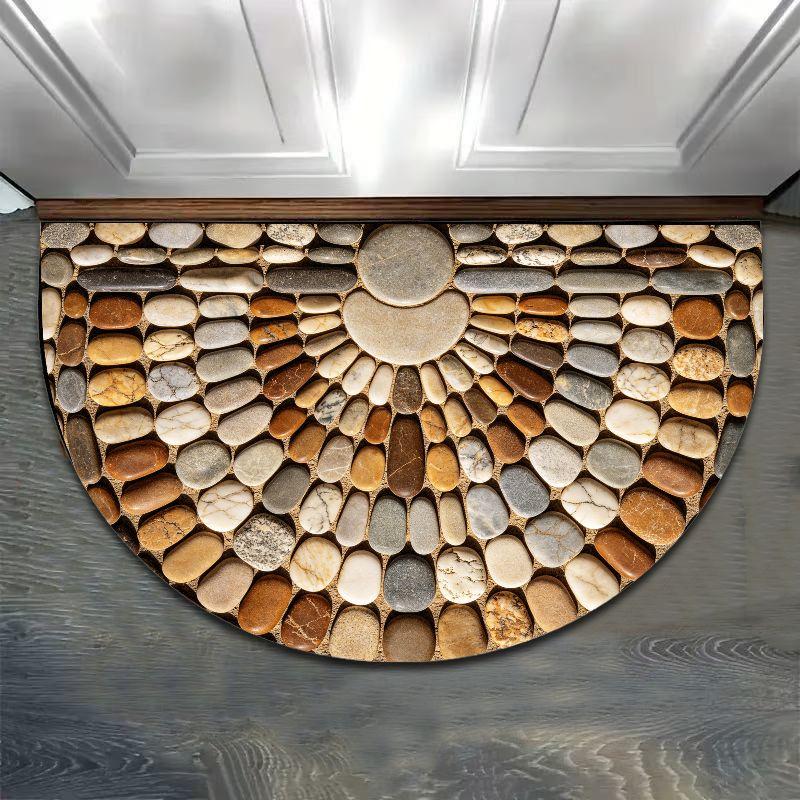 Half Round Natural Pebble Stone Doormat 3D Illusion Anti-Slip Waterproof Entrance Rug Front Door Indoor Outdoor Floor Mat