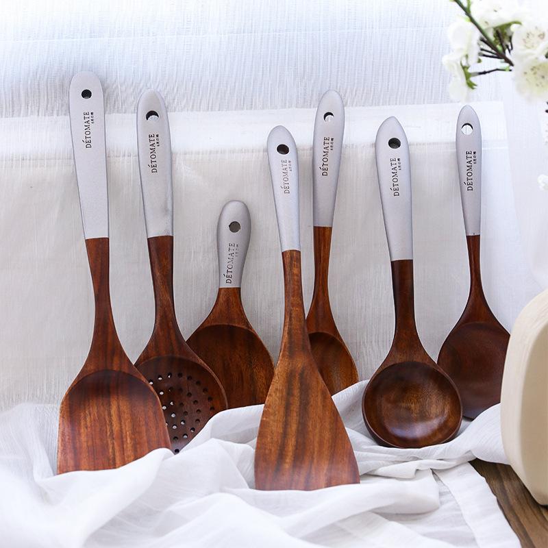 Teak Wood Soup Spoon Set, Creative Simple Cooking Spatula, Pearl Handle Kitchen Utensils Unfinished 3-Piece