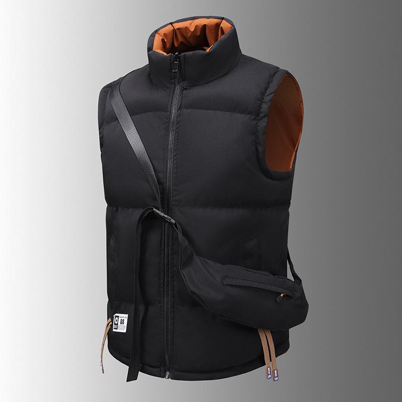 New Double-sided Cotton Vest for Men Versatile Solid Color Thickened Jacket for Youth Trendy Brand Stand Collar Down=