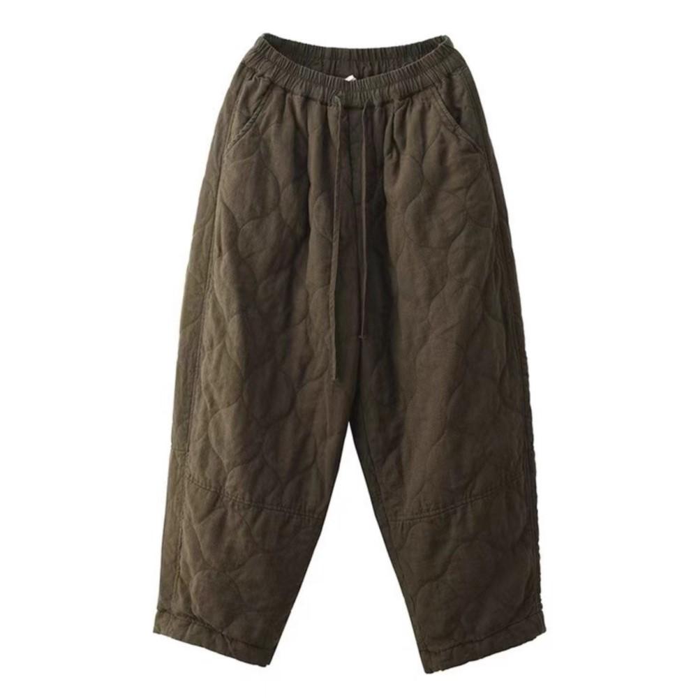 Johnature Damen Vintage Warme Hosen Elastischer Bund Einfarbig Winterhosen Taschen Weibliche Lässige Lange Hosen