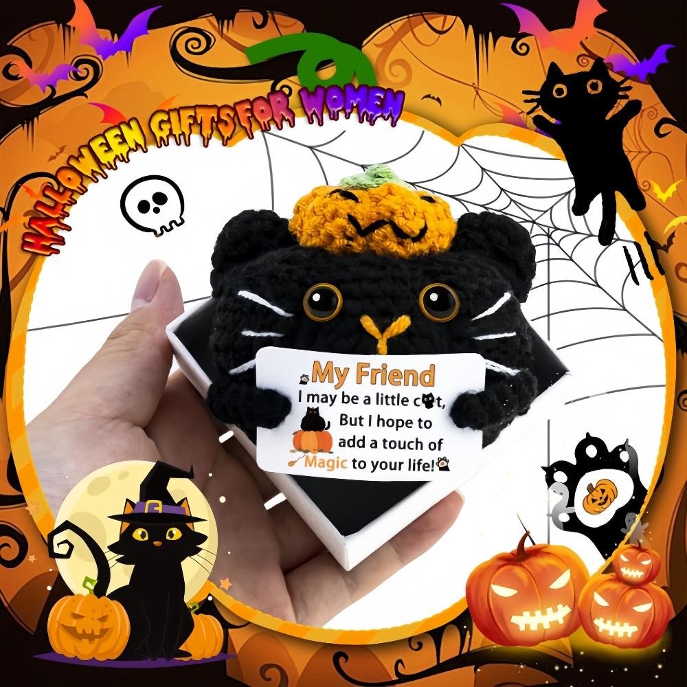 Handmade Pumpkin Cat Dolls Funny Positive Emotion Cute Crochet Mini Pocket Dolls with Card Home Decor Party Gift Ornament
