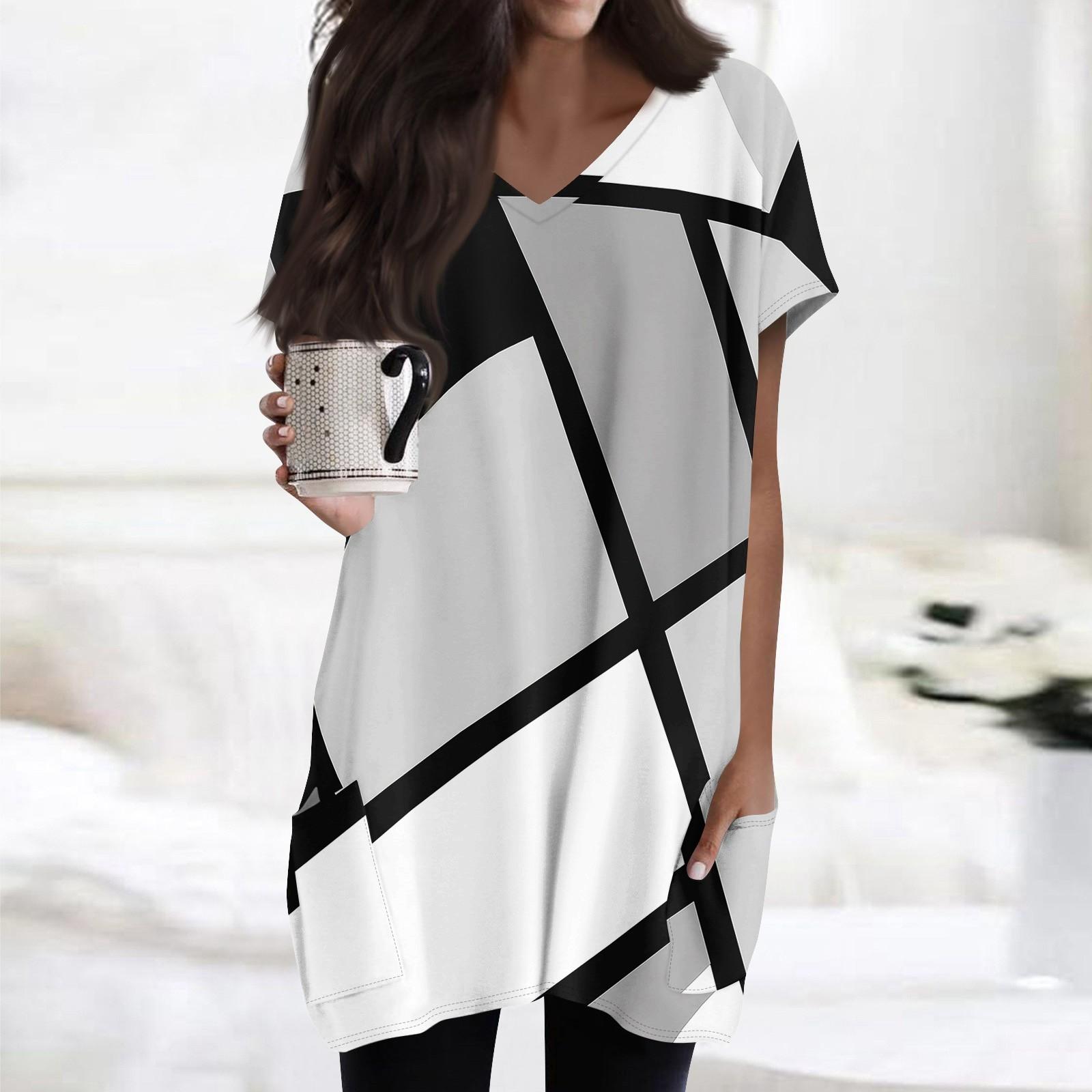 Женские топы с V-образным вырезом, блузки с коротким рукавом, повседневные рубашки средней длины, модные туники с принтом и карманами XL