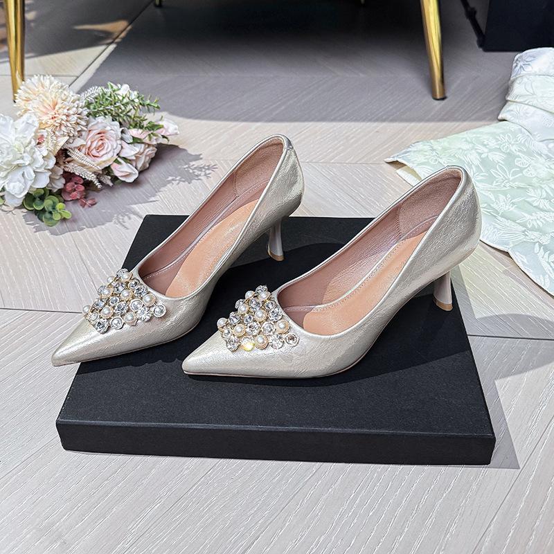 Pointed Pearl Rhinestone High Heels Women's Stiletto 7cm with Skirt Sexy 2025 New French Shallow Mouth Single Shoes