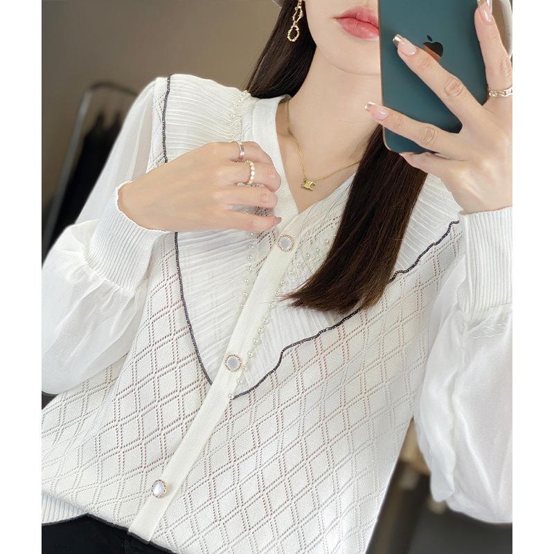 

Женский весенне-осенний новый шифоновый топ с длинными рукавами и вязаный свитер, имитация двух предметов one size fits all белый