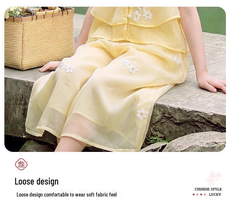Girls' Summer 2026 Hanfu Tang Suit - New Ancient Chinese Style Set for Little Girls