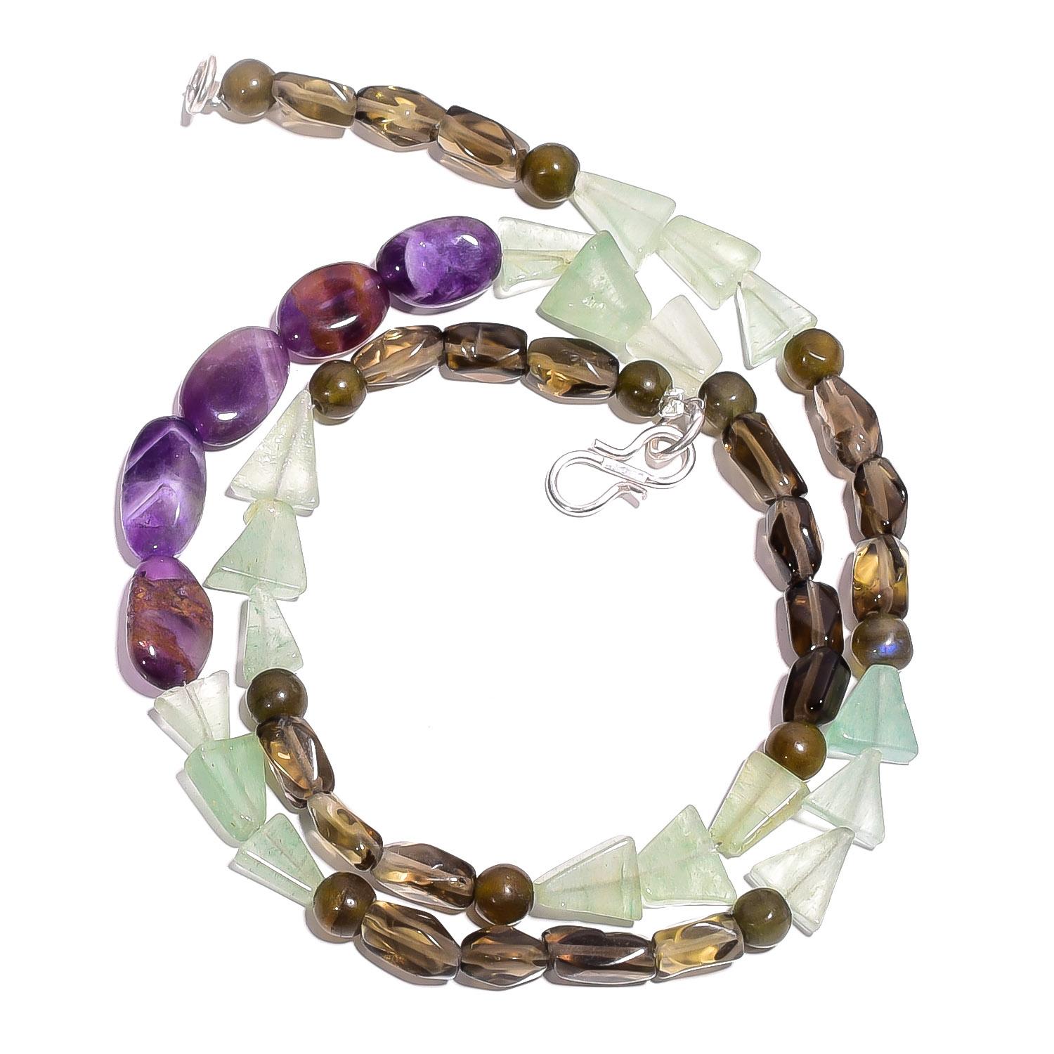 

Natural Amethyst Smoky Quartz Aventurine Gemstone Beads Necklace 17 UB-4053 UB-4053