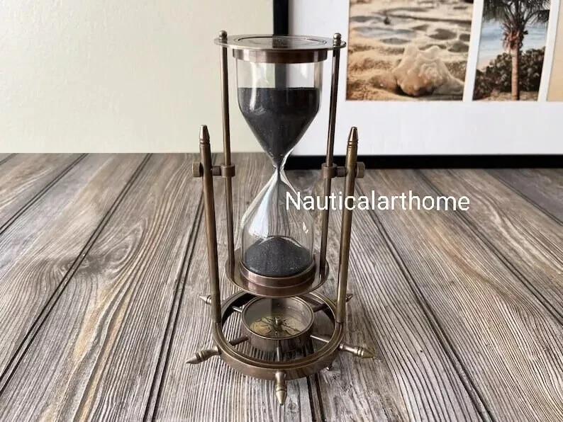

Nautical Sand Hourglass Compass Timer Antique Nautical Brass Hourglass коричневый