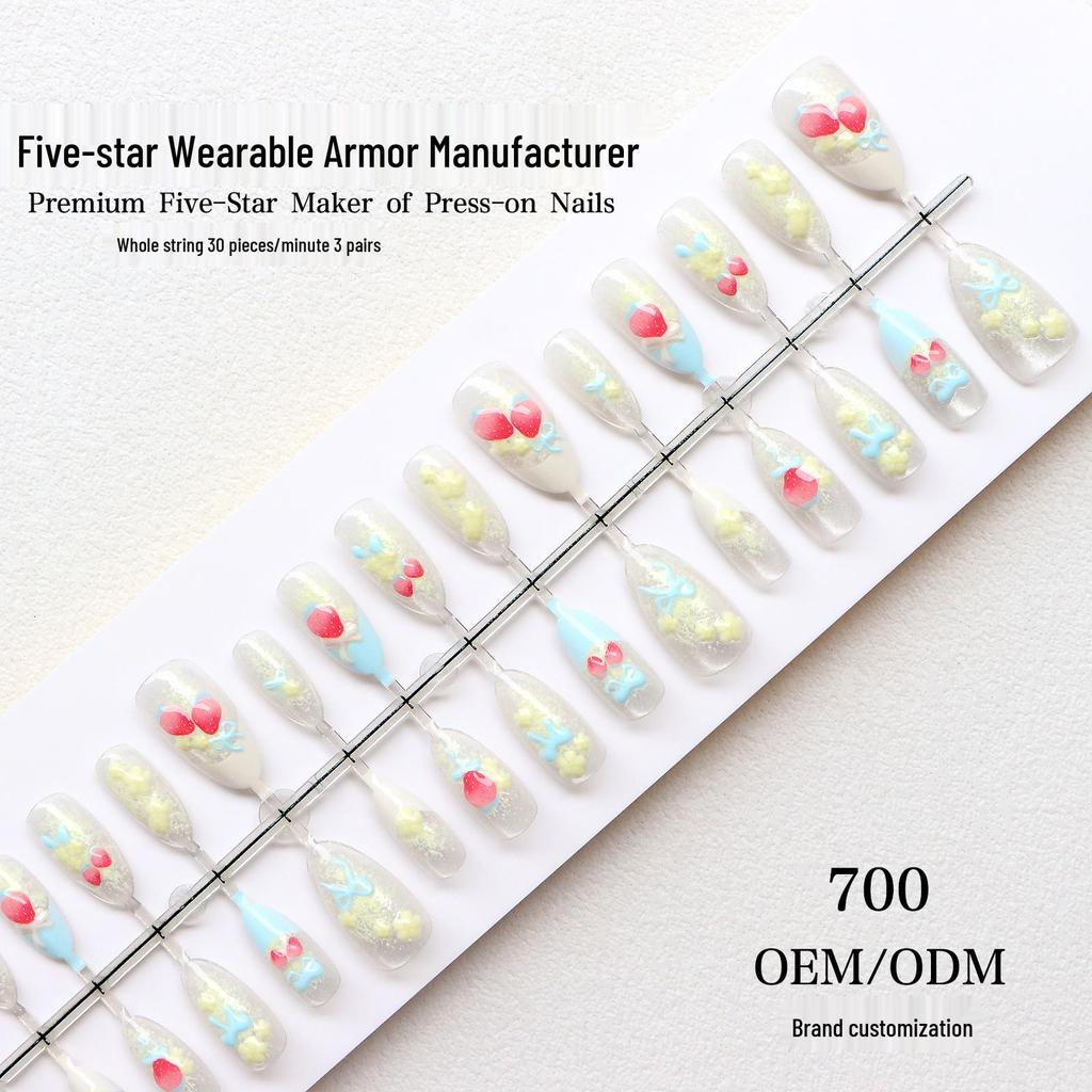 3D Stereo Cherry Almond Wearable Nails with Blue Bow French Tip Design