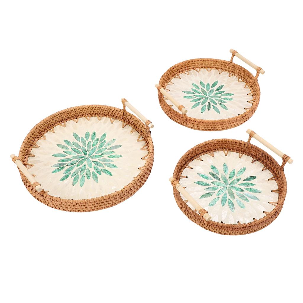 3 Pcs Rattan Tray Round Decorative Rattan Woven Serving Basket with Handles for Living Room