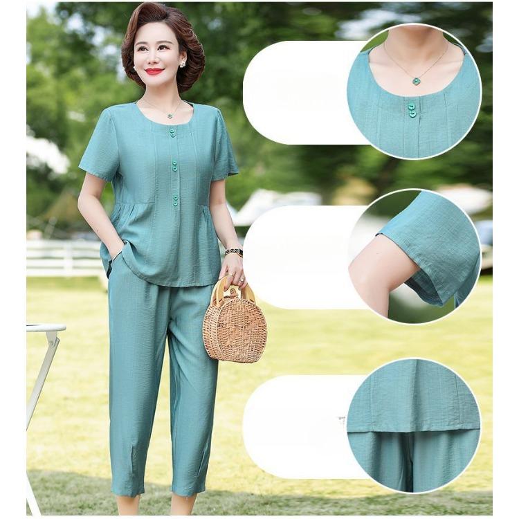 Summer Loose Fit Cotton Linen Two Piece Set for Middle Aged Women Slimming Casual Outfit