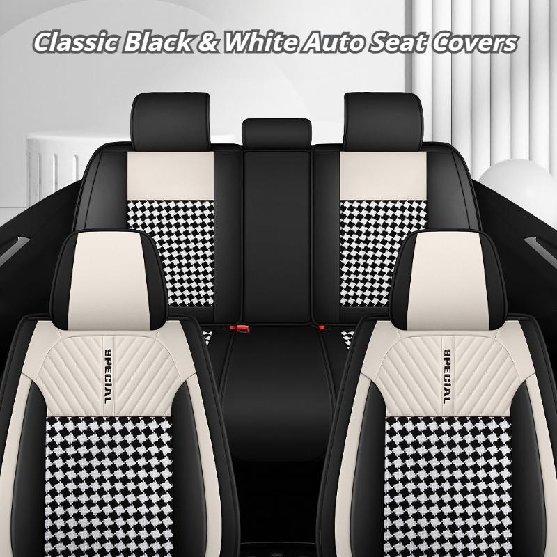 Universal 5-Piece Car Seat Covers Classic Black White | Breathable Durable Fabric, All-Season Protection for Sedan, SUV, Truck