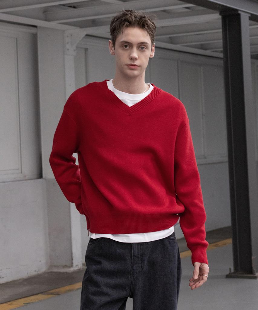 Dekkoloso Soft Cotton V-Neck Knit [Deep Red]