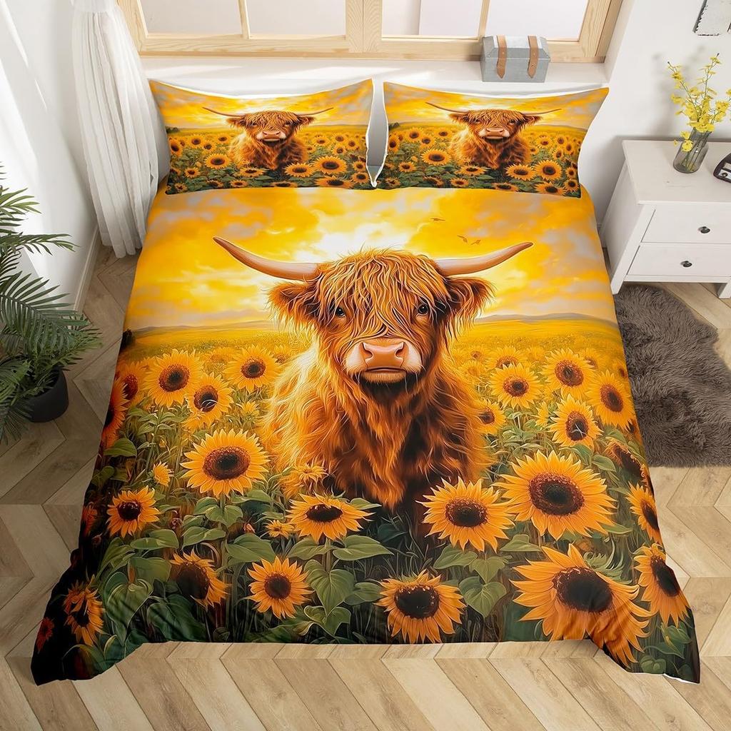 Hochlandrind Bettbezug Bulle Sonnenblume Kuh Bettwäscheset Queen Für Jungen Männer Mikrofaser Wildtiere Bauernhaus Tier Bettdeckenbezug
