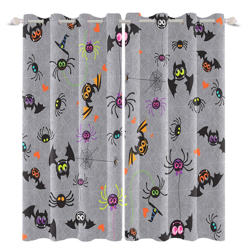 2pcs/set Horror Halloween Window Curtain Bat Spider Pumpkin Ghost Haunted House Home Decor Blackout Polyester Fabric Curtains