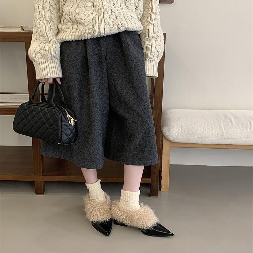 Korean version of square head plush shoes single shoes women's 2025 warm cotton shoes French thick heel retro black small leather shoes