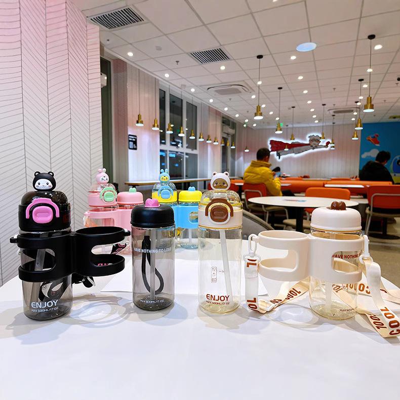 Water bottle: Dual drink, plastic cup, dual-compartment cup, cute straw cup, water cup, new cartoon portable children's water bottle
