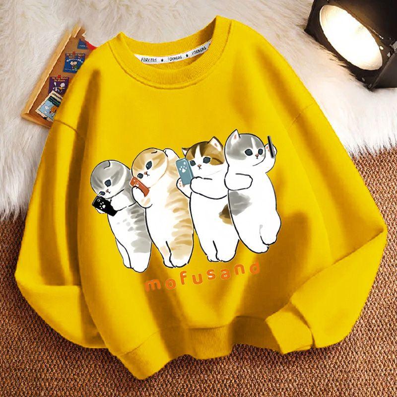 Cute Cat Round-neck Hoodie for Children, Fashionable Long-sleeved Casual Top for Boys and Girls In Spring and Autumn