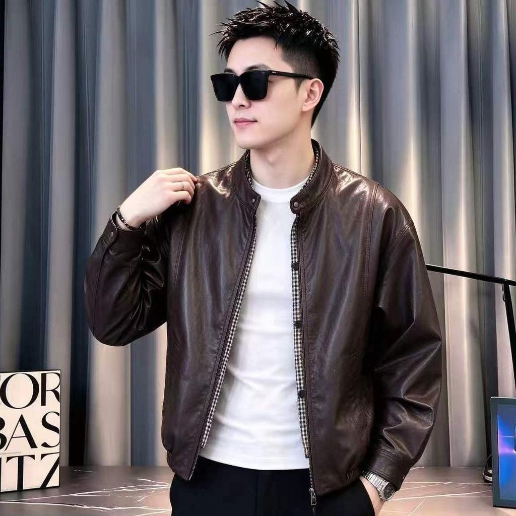 Spring and autumn American round neck fake two trendy brand leather jacket new jacket ruffian handsome popular casual