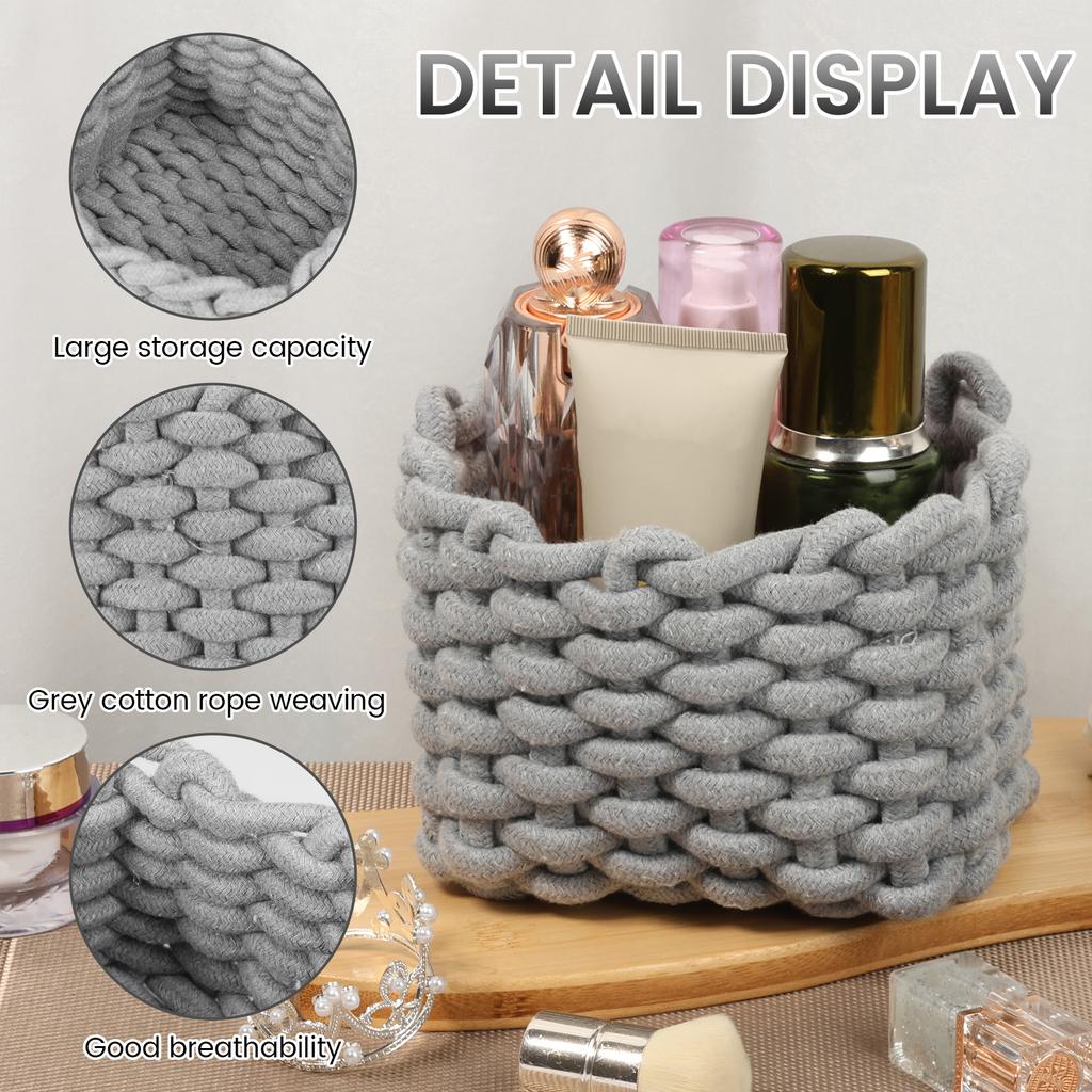2Pcs Cotton Rope Woven Storage Basket Small Square Basket for Cute Bedside Caddy Desktop Cosmetics Organizing