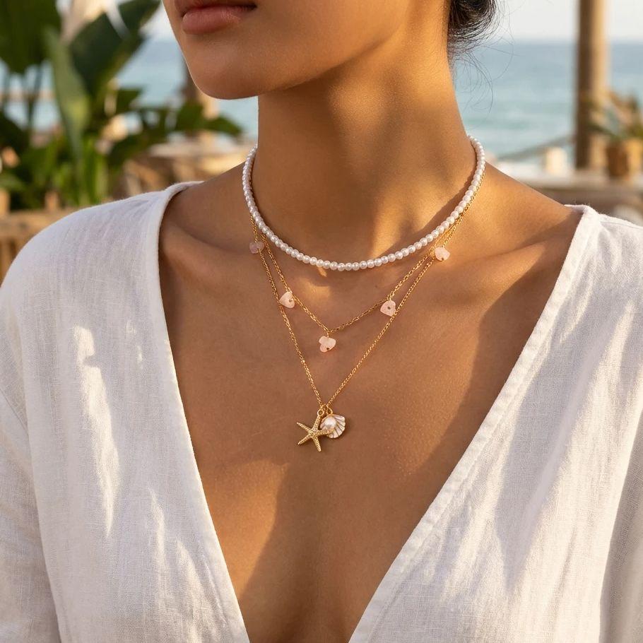 Bohemian Imitation Pearl Shell Starfish Pendant Necklace for Women Irregular Stone Sea Star Ocean Charm Choker Summer Jewelry