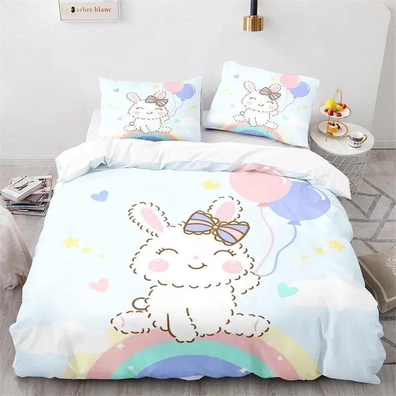 Cartoon Animal Cute Rainbow Rabbit Bedding Set Single Twin Double Queen King Cal King Size Bed Linen Set