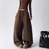 Womens Winter Plaid Wide Leg Pants Retro Relaxed Straight Cotton Trousers