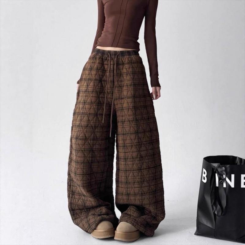 Womens Winter Plaid Wide Leg Pants Retro Relaxed Straight Cotton Trousers